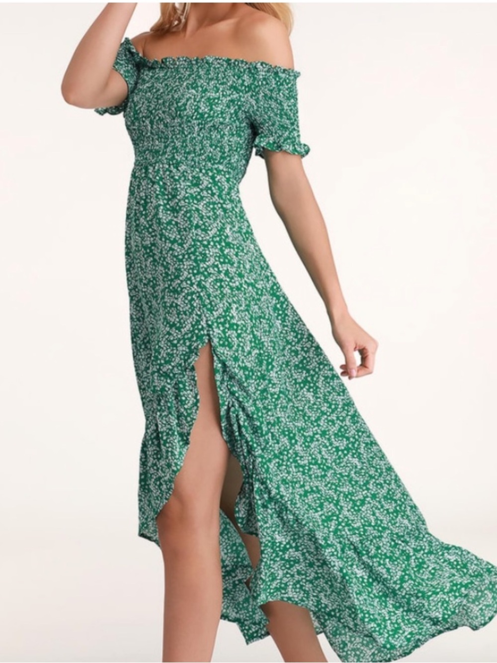 Lulus Green Floral Off Shoulder Midi Dress with Side Slit